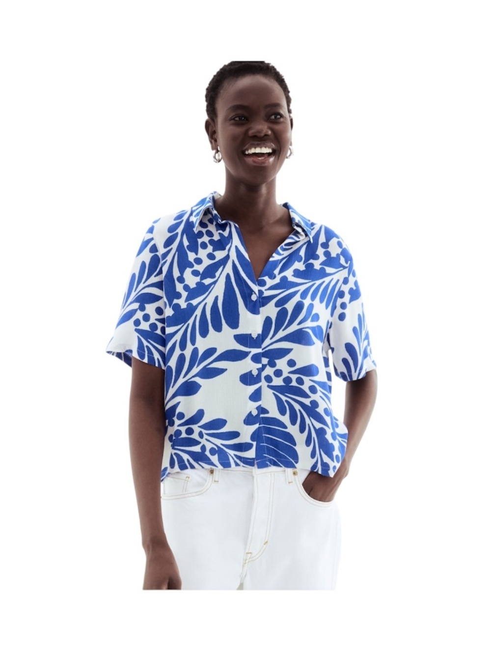 H&M Crinkle Viscose Shirt Sz L Blue White Short Sleeve Abstract Boxy Summer